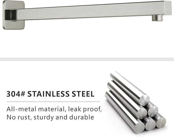 Voolan 16" Square Shower Arm with Flange and Teflon Tape, Extension Shower Head Arm for Bathroom Fixed Shower Head, Solid Stainless Steel, Wall Mounted (Brushed Nickel)