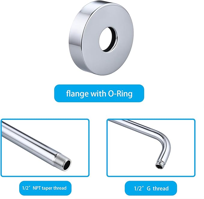 12 Inch Shower Arm with Flange,Stainless Steel 90 Degree Rain Shower Head Extension Arm,Wall-Mounted Shower Head Arm for Fixed Shower Head,Chrome