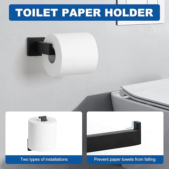 Cilee 10-Pieces Bathroom Hardware Set - Matte Black Bathroom Accessories, 24 Inch Towel Bar, Square Towel Ring, Toilet Paper Holder, Towel Hook, Wall-Mounted Stainless Steel Towel Bar Rack Set