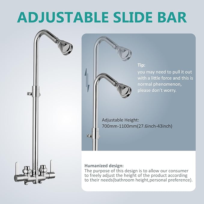 Aolemi Outdoor Shower Fixtures Outdoor Shower Kit Faucet System 3 Inch Center 2 Handle Exposed Shower with Brass Mix Valve with Adjustable Bar Pipe Upward Polish Chrome