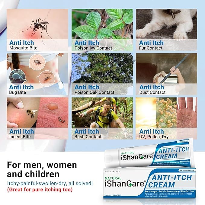 ishancare Anti Itch Soothing Cream Extra Strength Skin Itch Relief Ointment, for Full Body Itching Caused by Seasonal Changes, Dermatitis, Eczema, Rash, Psoriasis, Hives, Bites, Poison Ivy, 1.76 oz