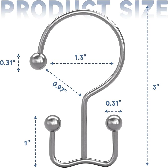 Titanker Shower Curtain Hooks Chrome, Minimalist Simple Double Glide Shower Curtain Rings, Rust Proof Metal Shower Hooks Rings for Bathroom Shower Rods Curtains, Set of 12 Hooks