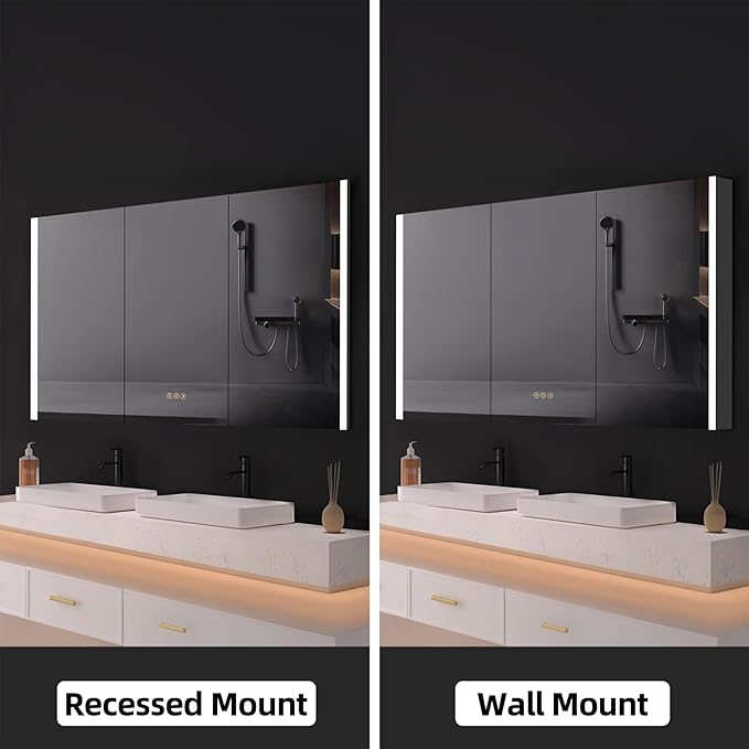 Medicine Cabinet with LED Lights and Mirror, 54 x 32 Inch Surface or Recessed Mounted Bathroom Cabinets with Door, Defogger, Memory Function, 3-Color Mode, Outlet&USB, Dimmer, Storage Shelf