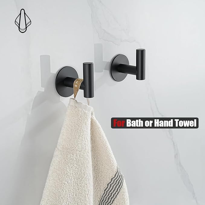 JQK Self Adhesive Towel Hook Black, No Drill Stick on Coat Robe Clothes Wall Hook for Bathroom Kitchen Garage 2 Pack, 304 Stainless Steel Matte Black, ATH110-PB-P4