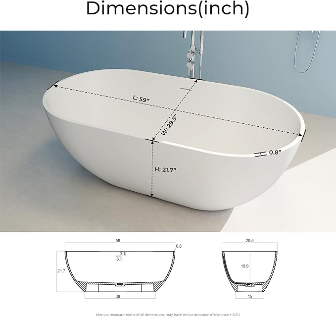 Premium 59" Solid Surface Freestanding Bathtub, Upgraded Oval Stone Resin Tub with Overflow and Pop-up Drain, Matte White