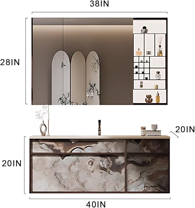 40IN Modern Bathroom Vanity with Sink - Bathroom Vanity with 2 Drawer Organizer, LED Mirror Lights & Defogging Function | Wall - Mounted Vanity with Silver Sink Faucet