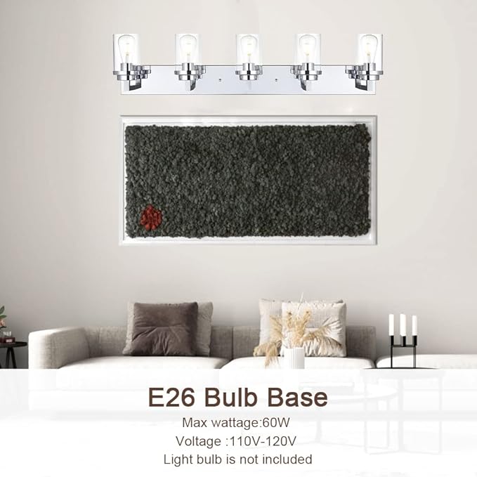 MELUCEE 5-Lights Bathroom Vanity Light Fixtures Chrome, Modern Vanity Lighting with Clear Glass Shade, Industrial Wall Mount Lights for Mirror Cabinet Sink