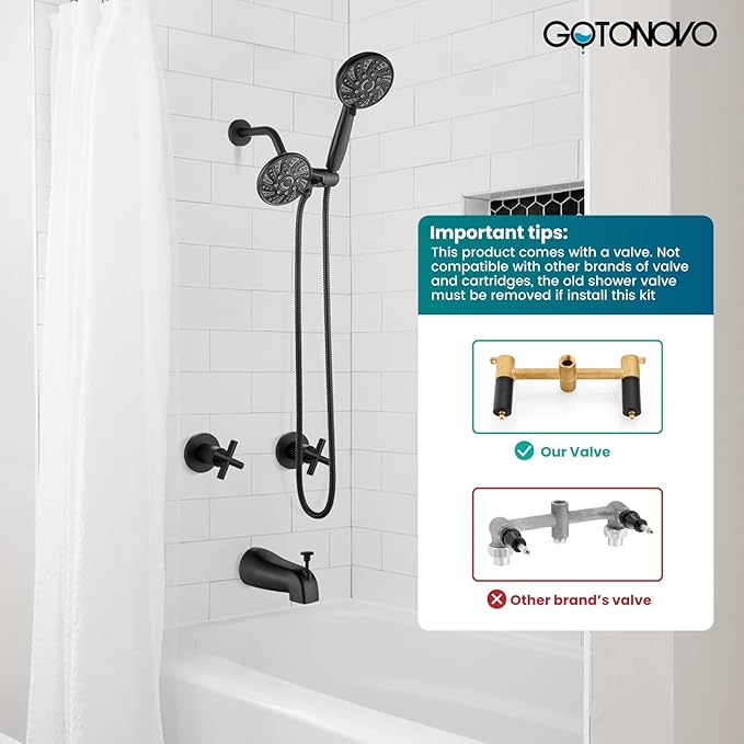 gotonovo 2 Handle Tub Shower Faucet Set Bathtub and Shower Faucet Combo Dual Shower Head and Handle Set Tub Shower Trim Kit Shower System with Tub Spout Wall Mount Matte Black