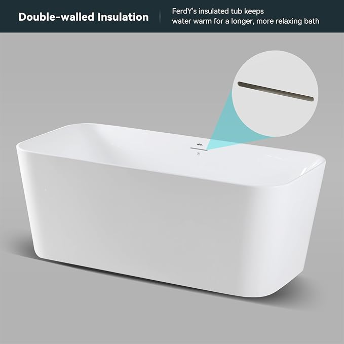 FerdY Maui 67" Acrylic Freestanding Bathtub, Contemporary Elegant Design Soaking Tub with Minimalist Linear Design Overflow and Matte Black Drain, Easy to Install