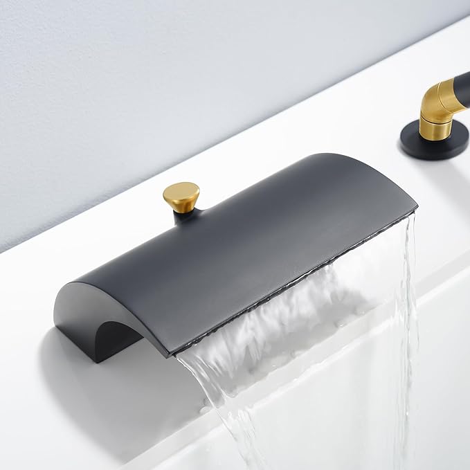 SUMERAIN Waterfall Roman Tub Faucet Deck Mount Bathtub Faucet Brass Tub Filler with Hand Shower, Black and Gold Finish