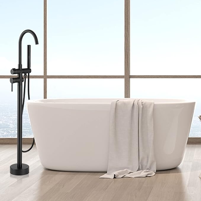 BESy Freestanding Bathtub Faucet Tub Filler Free Standing Floor Mount Stand Brass Bathroom Tub Faucets with 2 Function Hand Shower Wand Swivel, Matte Black Finish