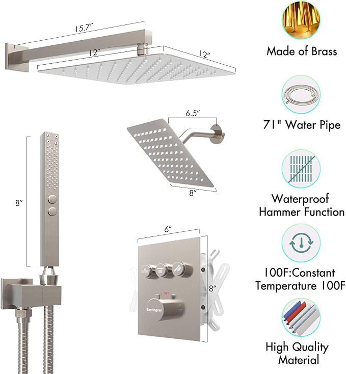 Thermostatic Shower System Wall Mounted, 12 inch Dual Shower Faucet Set with 8 inches Wall Mounted Shower Head, Push Button Diverter 3 Function Shower Head System with 2 in 1 Shower Handheld
