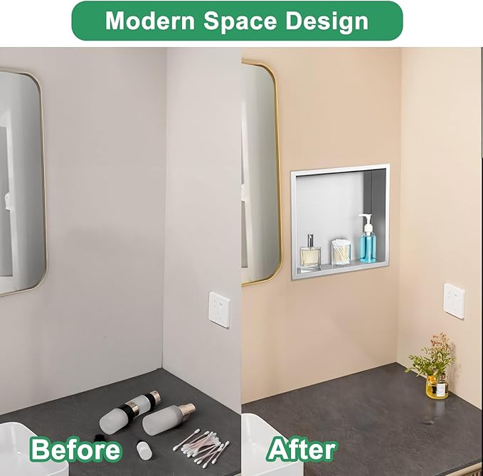 SaniteModar Shower Niche, Stainless Steel Shower Niche 12" X 12" No Tile Needed, Recessed for Bathroom Storage, Brushed Silver (Brushed Silver, 12x12)