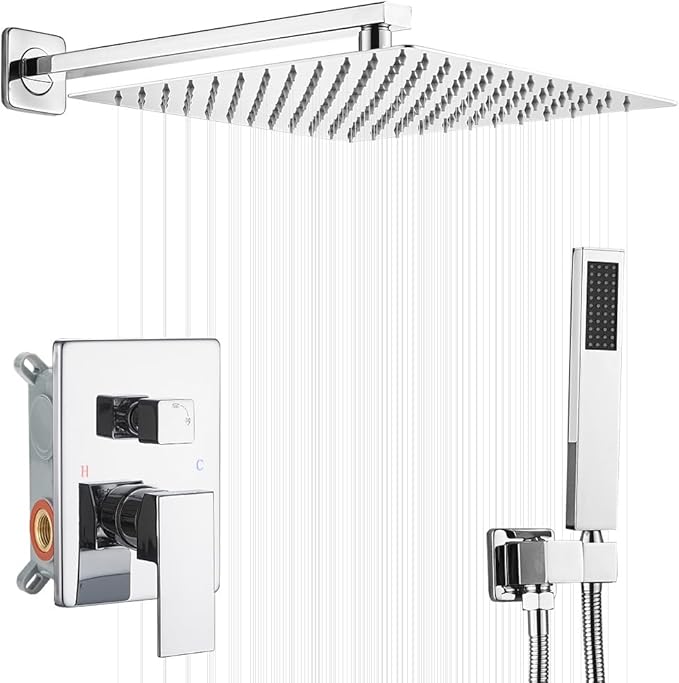 Shower Faucet Set 16 Inch Wall Mount Rain Shower System, All Metal Shower Fixtures - Polished Chrome