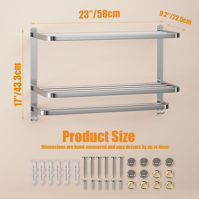 Generic NICETAKU 23inch 3-Tier Towel Racks for Bathroom with Shelf, Multilayer Hotel Towel Holder with Hooks, Stainless Steel Wall-Mounted Brushed Finish Towel Bars, Silver