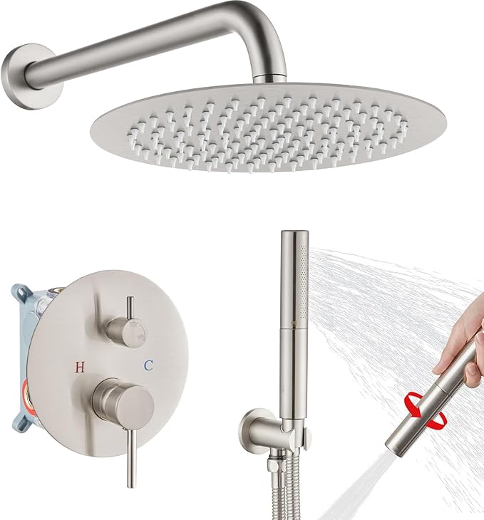 Airuida Shower Fixtures 2 Functions Shower Faucet Set Wall Mounted for Bathroom High Pressure Brass Handheld Shower with Rough-in Valve Round Rainfall 12 Inch Shower Head Brushed Nickel