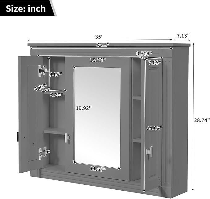 Merax Wall Mounted Bathroom Medicine Cabinet with Mirror, Bathroom Wall Cabinet with Doors and Shelves, 34" x 29" Mirrored Door Over Toilet Storage Cabinet, Black