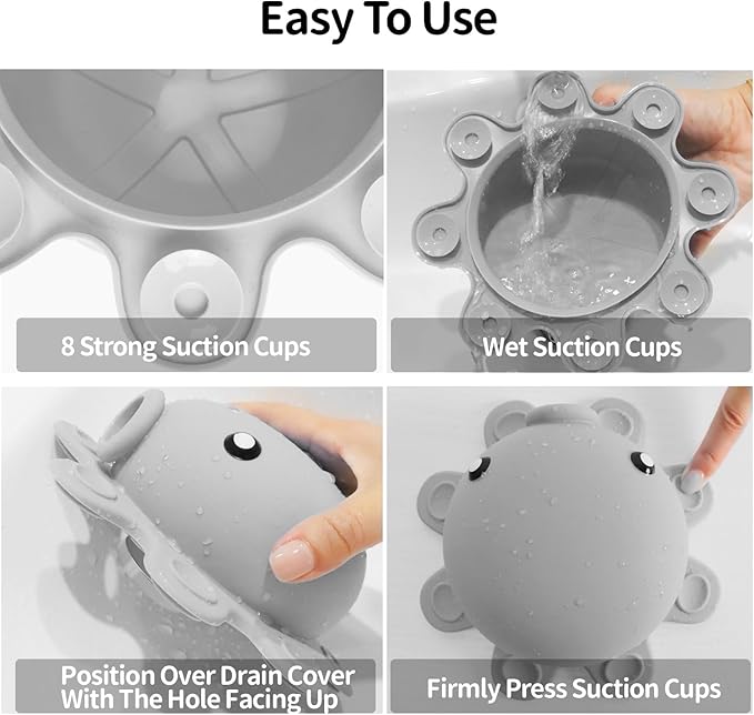 Bathtub Overflow Drain Cover - Silicone Bath Tub Drain Cover, Octopus Tub Overflow Drain Stopper with Suction Cups, Adds Inches of Water for Deeper Bath, Bathroom Spa Relaxing Accessory, Grey