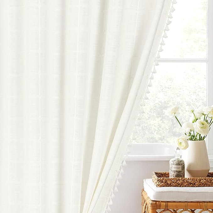 MitoVilla Ivory White Boho Farmhouse Shower Curtain Set 72 x 78, 78 inch Long Polyester Linen Tassel Fabric Shower Curtain Set for Chic Cottagecore French Rustic Bathroom Decor, Cream White