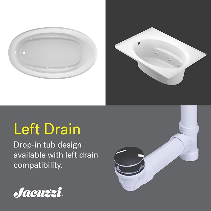 Jacuzzi SIGNATURE Acrylic Drop-In Bathtub, Jet Massage Tub, Slip Resistant, Left Drain Placement, 59" (L) x 41" (W), Oval, White