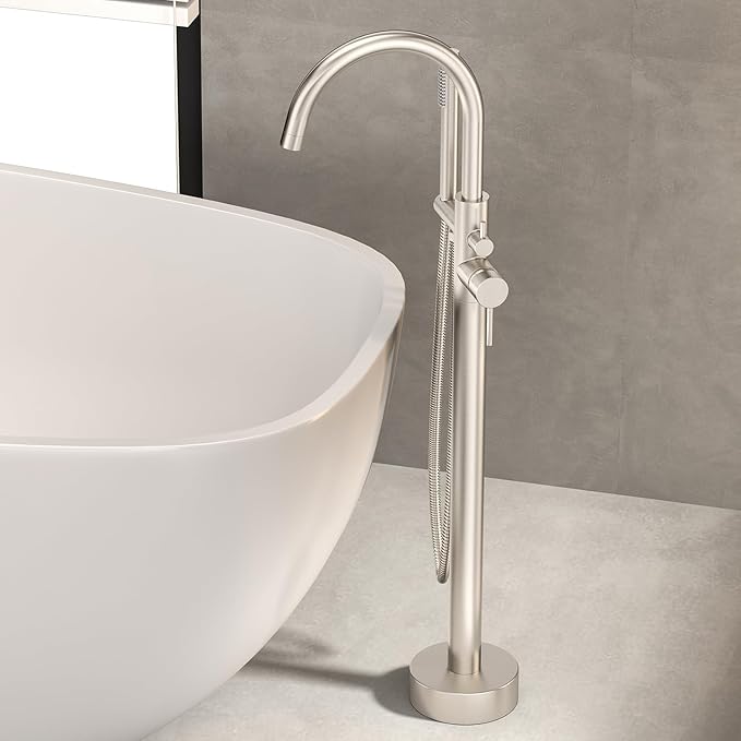 Freestanding Bathtub Faucet Waterfall Tub Filler Brushed Nickel Floor Mount Brass Single Handle Bathroom Faucets with Hand Shower (Brushed Nickel, Water in the side)