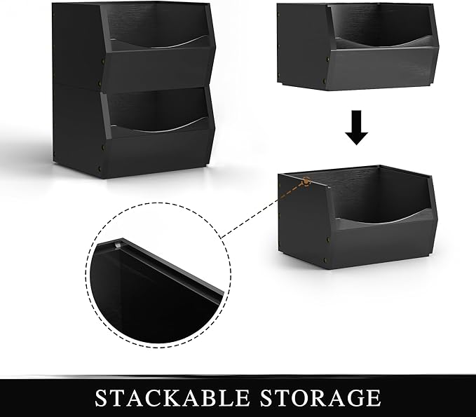2 Set Open Front Small Stackable Storage Bins, Bamboo Stacking Storage Bins Snack Tea Bags Fruits Spices Countertop Storage, Rustic Organizer Box for Pantry, Kitchen, Office, Bedroom (Small Black)
