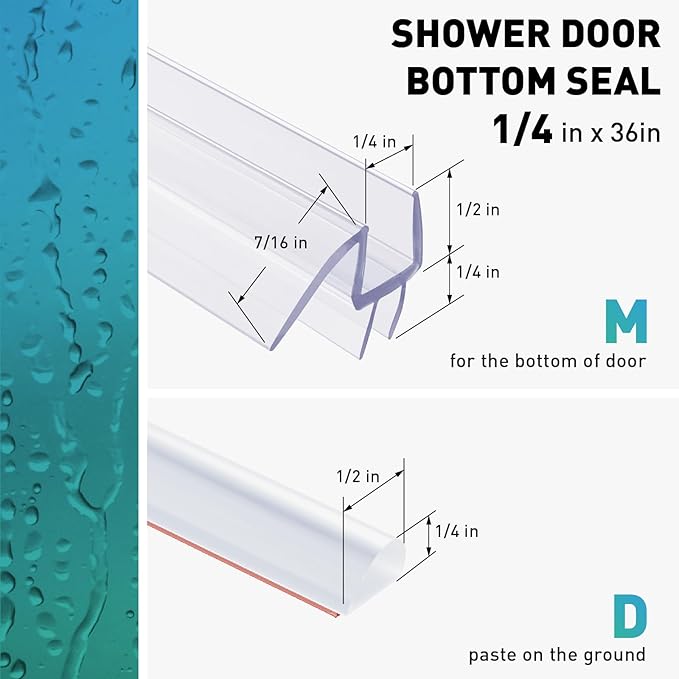 Shower Door Bottom Seal, 2 PCS 1/4" x 36" Shower Door Sweep for 1/4 Inch Glass, Frameless Glass Shower Door Seal Strip, Stop Shower Leaks and Create a Water Barrier