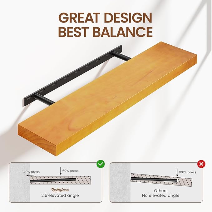 Heimlove 36 inch Floating Shelves for Wall,2 Packs Natural Pine Solid Wood Floating Shelves, 8 inches Deep Wooden Shelves for Kitchen Bedroom Office & Living Room Display Wall Decor
