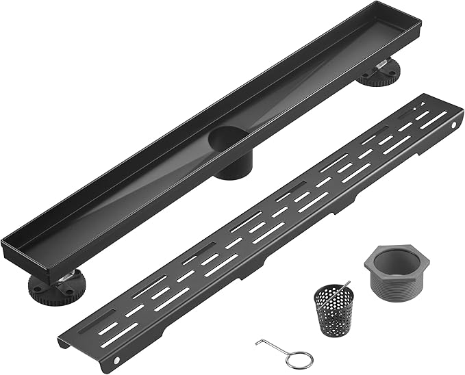 HEATGENE 28-Inch Linear Shower Drain in Matte Black - Stainless Steel Rectangular Shower Floor Drain - Removable Decorative Cover - Adjustable Leveling Feet - CUPC Certified