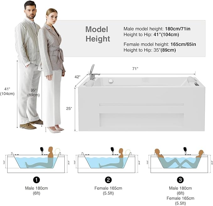 Empava PRO Series Jetted Tub, Luxury 56-Jet Whirlpool Bathtub | Ozone Sanitization, AM/FM Radio & Chromatherapy, Alcove Design, 71" Acrylic Spa Tub for Two
