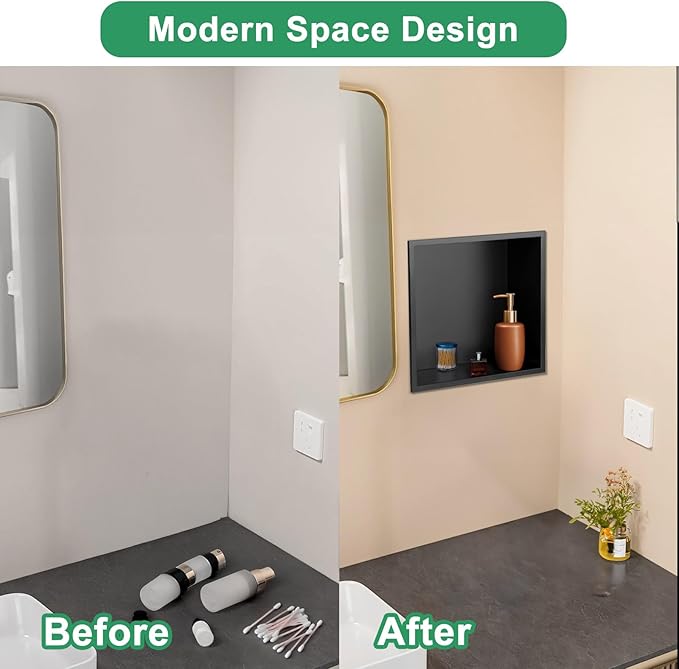 SaniteModar Shower Niche, Stainless Steel Shower Niche 12" X 12" No Tile Needed, Recessed for Bathroom Storage, Matte Black (Matte Black, 12x12)