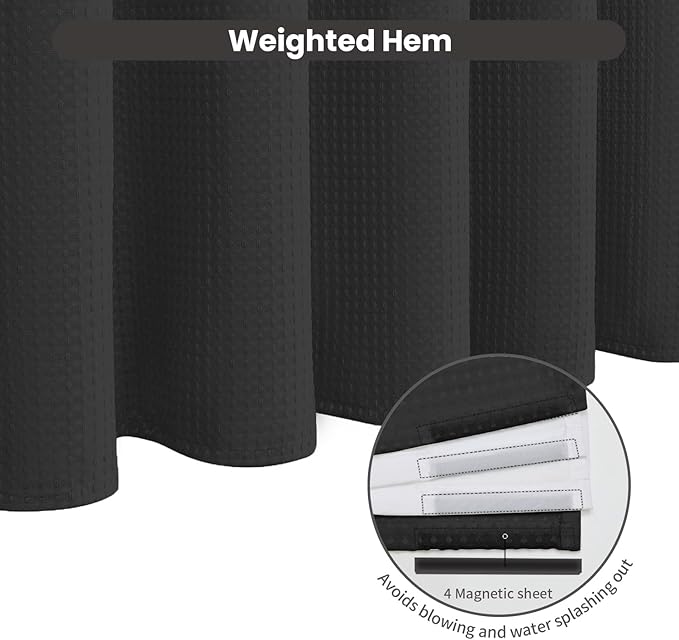 Inhousolu No Hook Waffle Weave Shower Curtain with Removable Snap in Fabric Liner Set for Bathroom, 230 GSM Heavy Duty Weighted Hem, Water Repellent Washable Bath Curtains, 36 x 72 Inch, Black