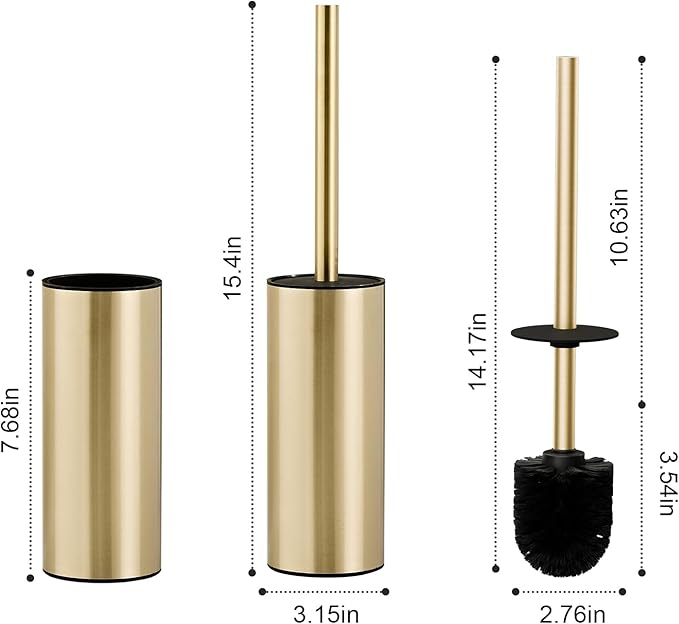 304 Stainless Steel Toilet Bowl Brush and Holder Set, Circular Floor Toilet Brush Holder, Long Handle, Bathroom Heavy-Duty Cleaner, High-End Cylinder Wall,2 Brush Head (Brushed Gold) YIGUANXIN