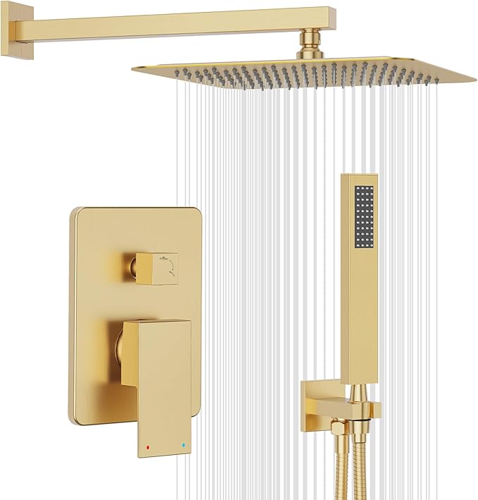 Gabrylly Shower System Gold, Rainfall Shower Faucet Set Complete, 12" High-Pressure Stainless Steel Rain Showerhead with handheld Shower Spray Combo, 2 Way Valve Included, Brushed Gold