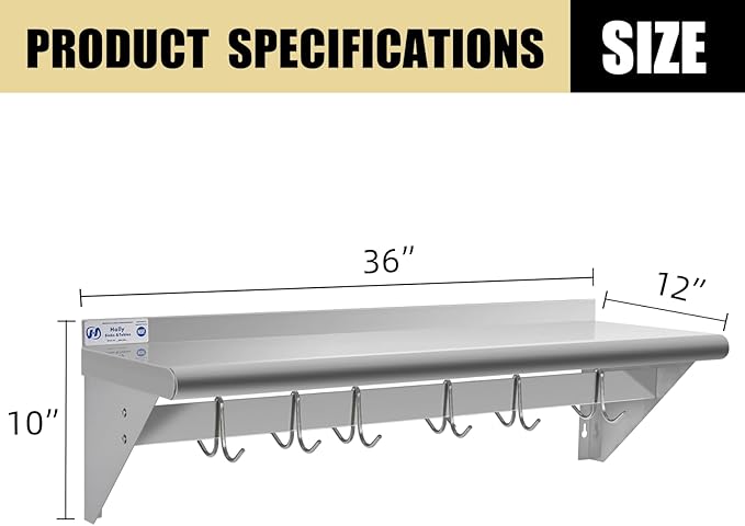 Hally Stainless Steel Shelf with 6 Hooks 12" x 36" Wall Mounted Pot Rack, NSF Commercial Floating Shelving for Storage Hanging Pots, Pans, cookware in Restaurant, Kitchen, Home and Hotel