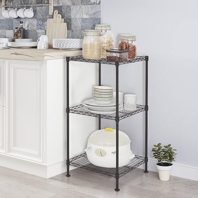 3 Tier Storage Racks Shelving, Heavy Steel Pantry Shelves, Adjustable Wire Shelving Rack, Suitable for Garage, Kitchens, Offices, 13.8" W x 13.8" D x 27.6" H, Black