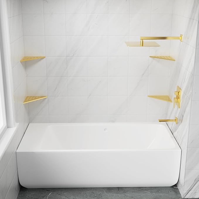 POPFLY 10 Inch Gold Corner Shower Shelf 2 Pack, 304 Stainless Steel Bathroom Shelves for Tiled Wall, No Drilling Recessed Organizer, Luxurious Floating Shower Shelf with Anti-Slip Design, PF7501G