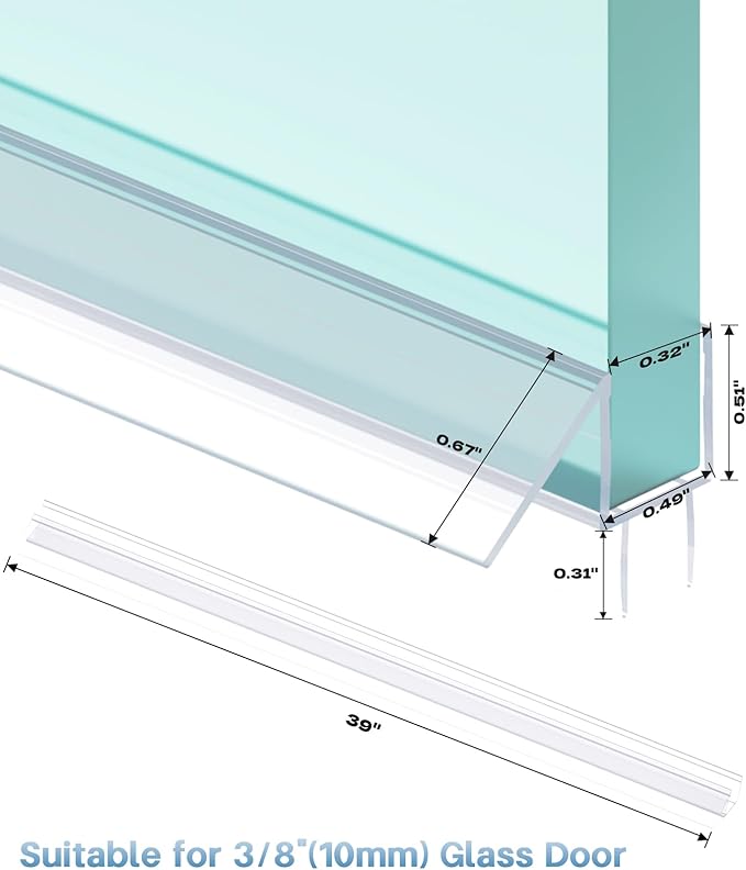 Shower Door Bottom Seal Strip, 2PCS Seal Strip, Ultra Clear PVC, 39" Length, Fits 10mm Thick Glass, Prevents Leaks, Easy Installation, No Adhesive Required (Ultra Clear, 39in for 3/8"(10mm) Door)