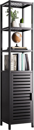 HITNET Bathroom Cabinet Freestanding, Tall Slim Bamboo Storage Cabinet with Shelves and Door, Space Saving Kitchen Cupboard Organizer, Black