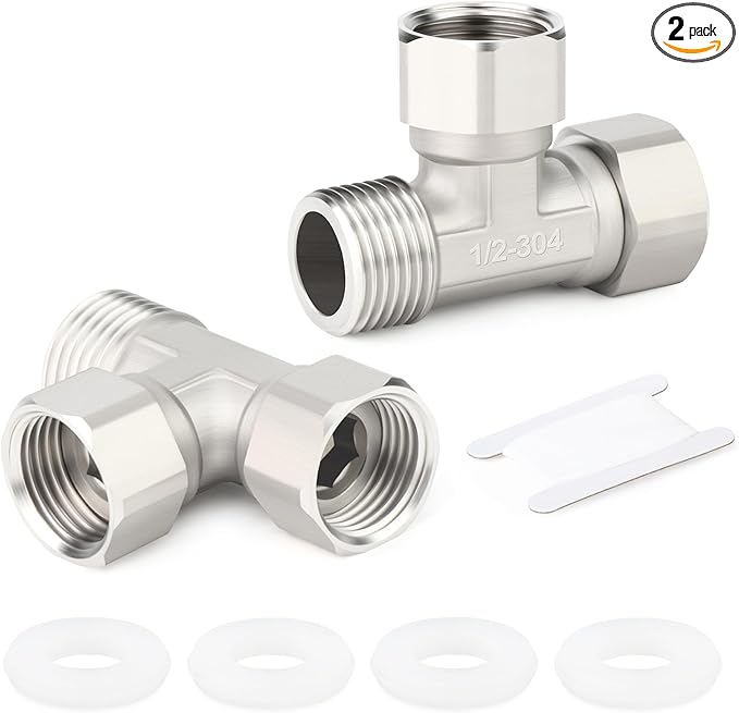 TAISHER 2PCS 304 Stainless Steel 3 Way Left&Top 2 Ends Flexible Movable Tee Connector, 1/2" Male for Sprayer, Angled Valve, Shower Arm