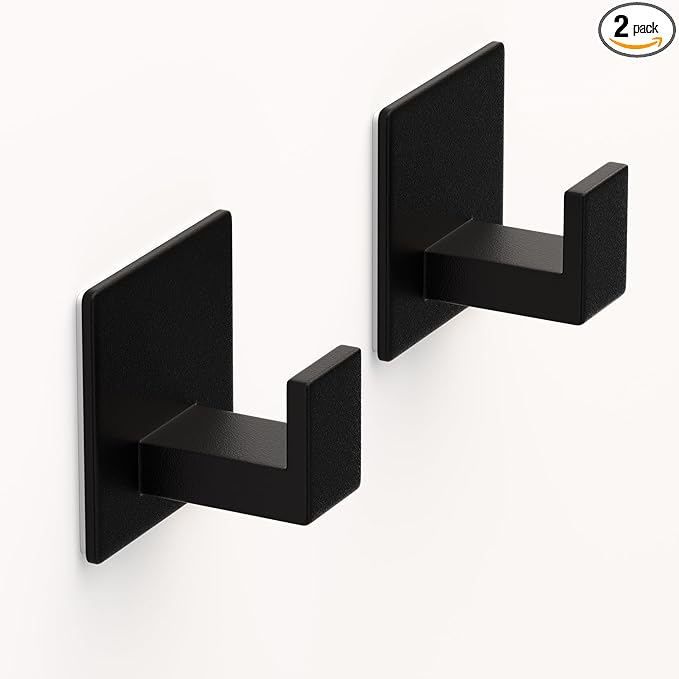 Adhesive Shower Hooks, Towel Hooks for Hanging Robe, Coat, Hat, Loofah, Heavy Duty Wall Hooks Stick on Bathroom, Kitchen and Office (2 Pack, Black)