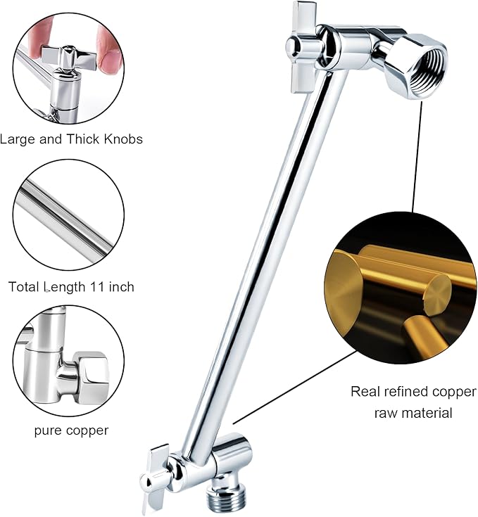 Heavy Duty Adjustable Shower Arm, 11" Brass Extension with Gear Lock Teeth & Swivel Nut, Strong Load Support, No Sagging, Keeps Shower Head Straight, Leak-Free, G1/2 Universal (Chrome)