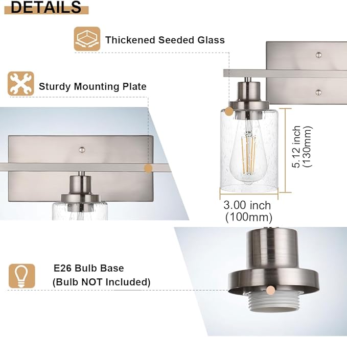 6-Lights Bathroom Vanity Light Fixtures with Seeded Glass Lampshades, 45.3-Inches Length Modern Brushed Nickel Wall Light Fixture for Kitchen Bathroom Lighting