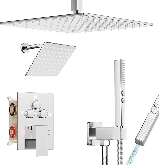 Shower Faucet Set Polished Chrome Shower System, Ceiling Mount 12 Inch Shower Head With Wall Mount 6 Inch Shower Head and 2 in 1 Handheld Spray, Push Button Diverter Shower Valve Trim Kit