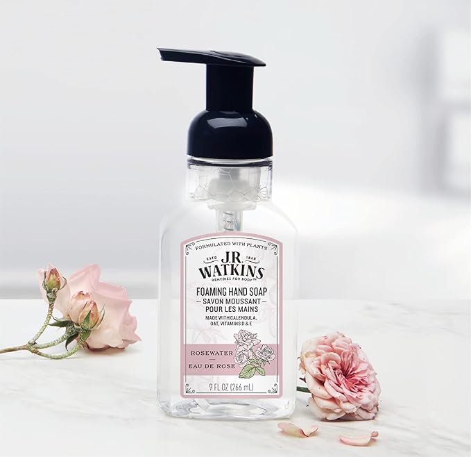 J.R. Watkins Foaming Hand Soap with Pump Dispenser, Moisturizing Foam Hand Wash, Alcohol-Free, Cruelty-Free, Rosewater, 9 fl oz, 3 Pack
