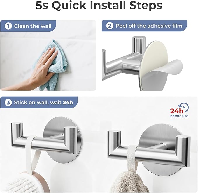 2 Pack Brushed Nickel Bathroom Hooks for Towels - Self Adhesive Double Hooks for Wall, No Drilling, Stainless Steel 304, Strong Hold for Robes, Coats, Shower Use