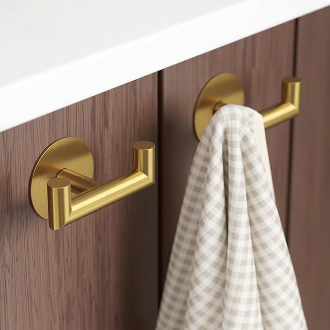 2 Pack Brushed Gold Bathroom Hooks for Towels - Self Adhesive Double Hooks for Wall, No Drilling, Stainless Steel 304, Strong Hold for Robes, Coats, Shower Use