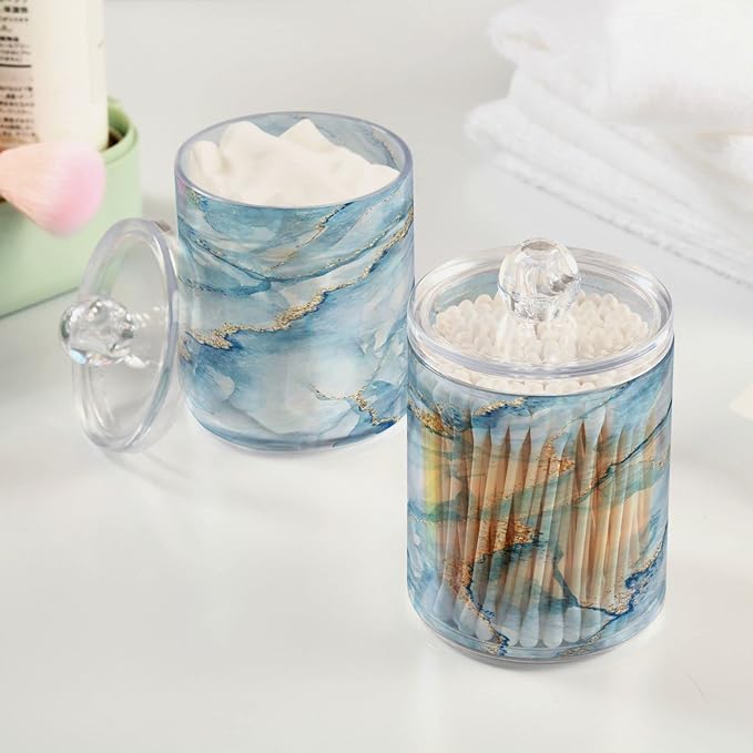 MNSRUU 4 Pack Qtip Holder Organizer Dispenser Sky Blue Marble Bathroom Containers Bathroom Vanity Storage Canister Apothecary Jars for Cotton Swabs/Pads/Floss