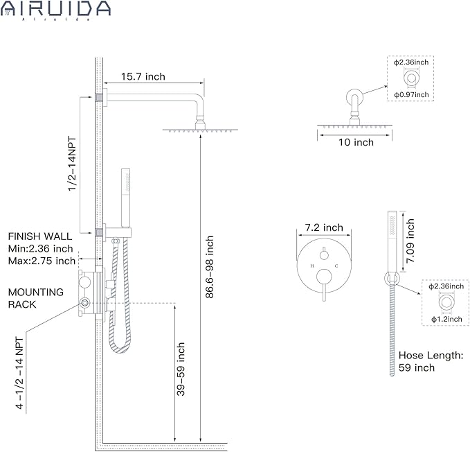 Airuida Shower Fixtures 2 Functions Shower Faucet Set Wall Mounted for Bathroom High Pressure Brass Handheld Shower with Rough-in Valve Round Rainfall 10 Inch Shower Head Chrome Polish