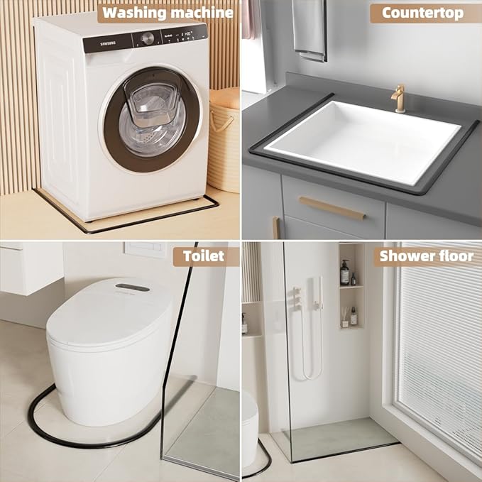 118” Black Shower Threshold Water Dam Stopper for Dry and Wet Separation,Self Adhesive Collapsible Walk in Shower Splash Guard Seal Strip, Silicone Sink Edge Water Barrrier for Bathroom and Kitchen